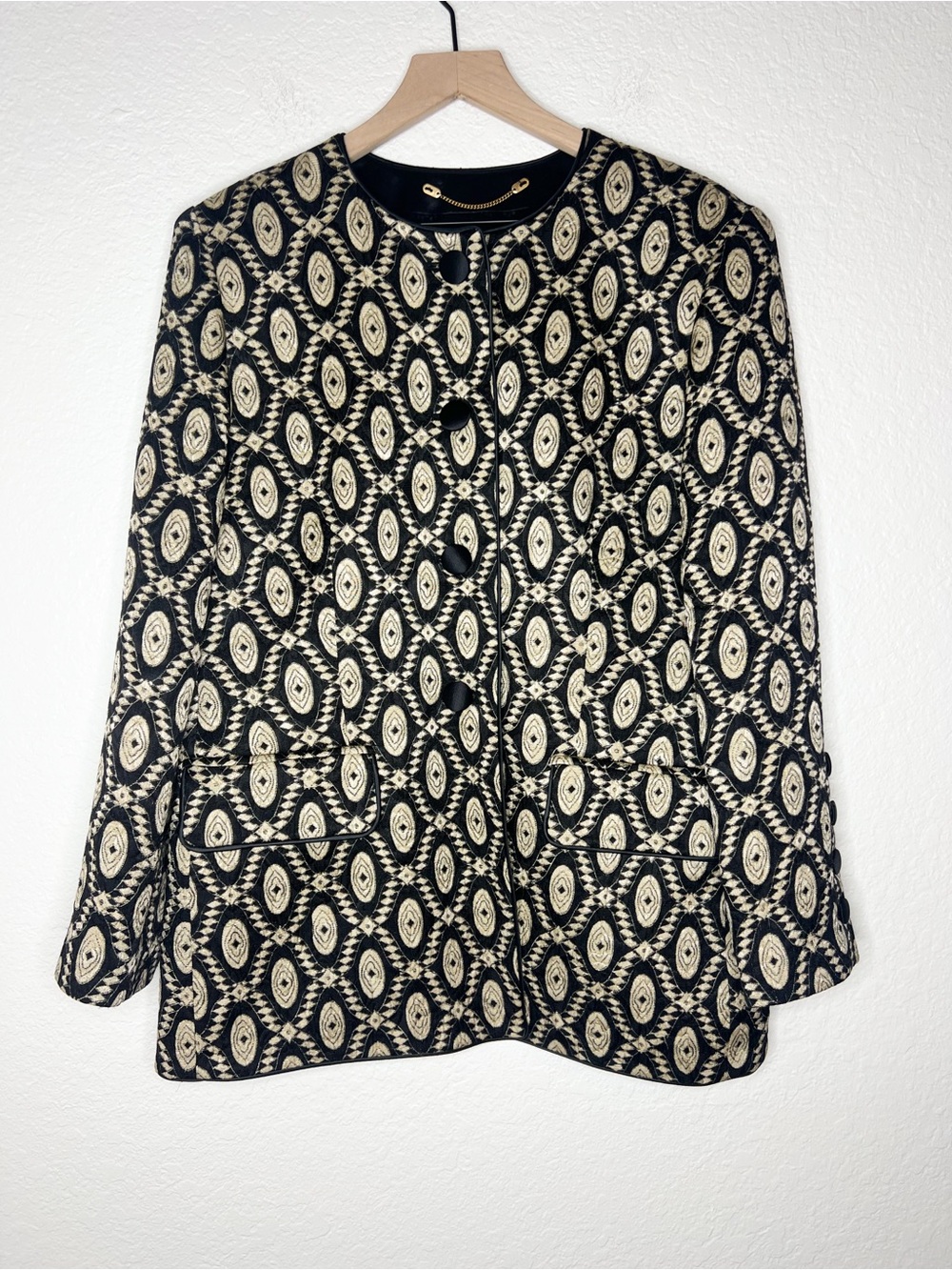 Escada Vintage Blazer Jacket Black Gold Geometric Wool Silk Blend size 44 Large